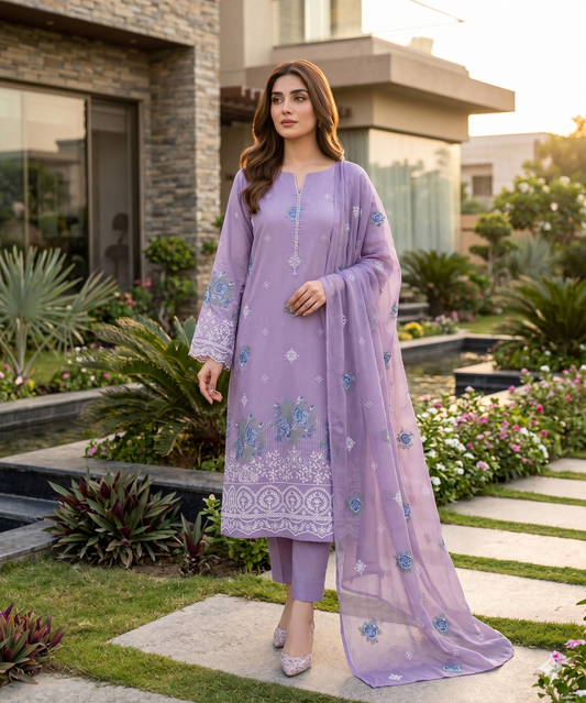 3 Piece Premium Lawn Embroidered Suit with Chicken Kari Work
