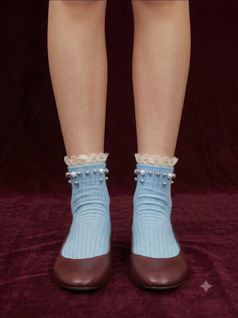 Title: Ladies' Fancy Anklet Socks with Lace Cuff and Beaded Trim