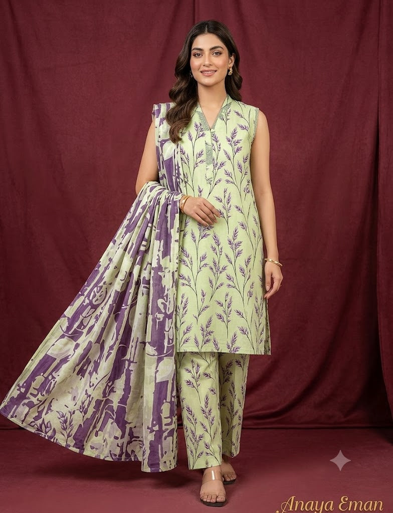 3 Piece Unstitched Printed Slub Lawn Suit