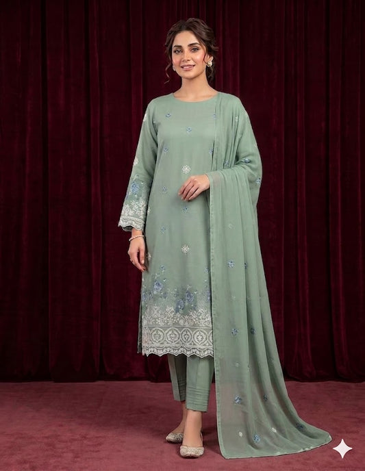 3 Piece Premium Lawn Embroidered Suit with Chicken Kari Work & Crinkle Chiffon Dupatta
