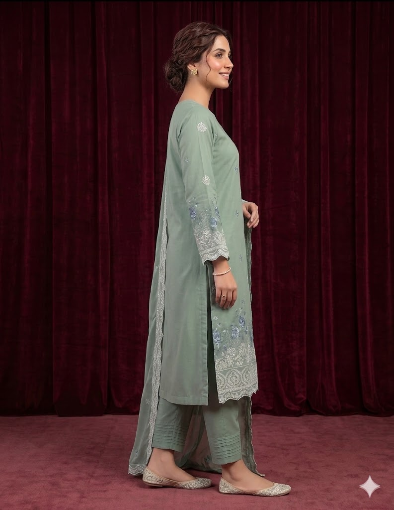 3 Piece Premium Lawn Embroidered Suit with Chicken Kari Work & Crinkle Chiffon Dupatta