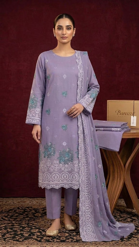 3 Piece Premium Lawn Embroidered Suit with Chicken Kari Work