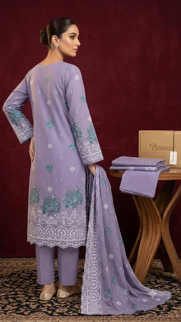 3 Piece Premium Lawn Embroidered Suit with Chicken Kari Work