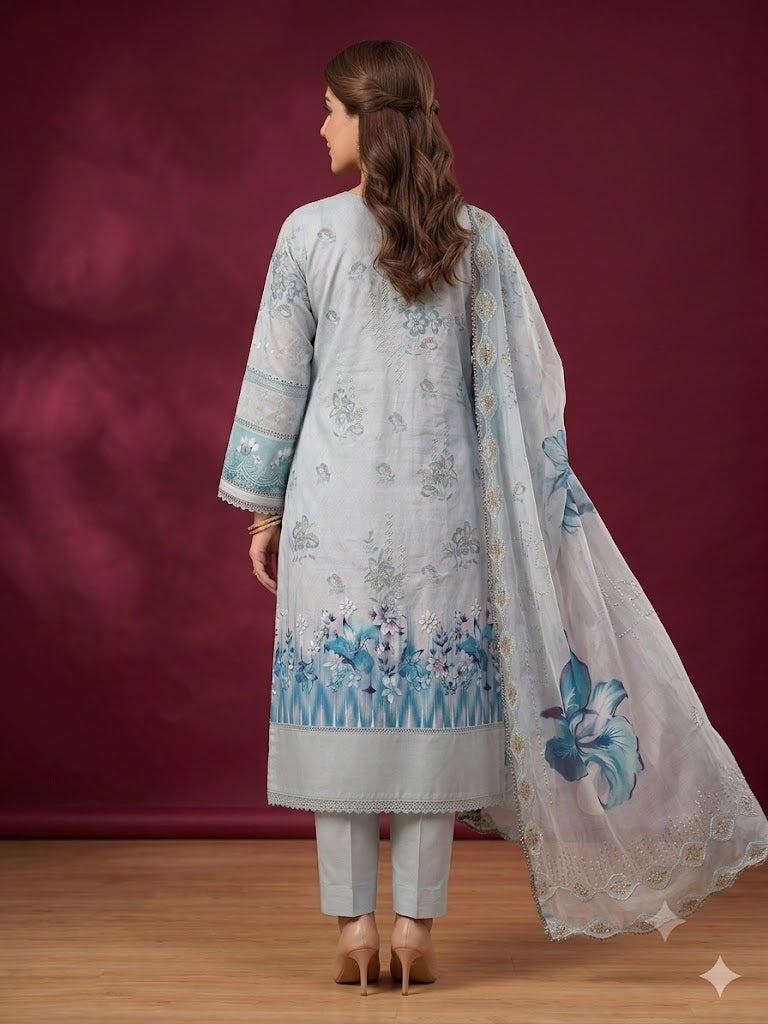 3-Piece Embroidered Lawn Suit with Embellished Makhmal Dupatta & Comfortable Trouser