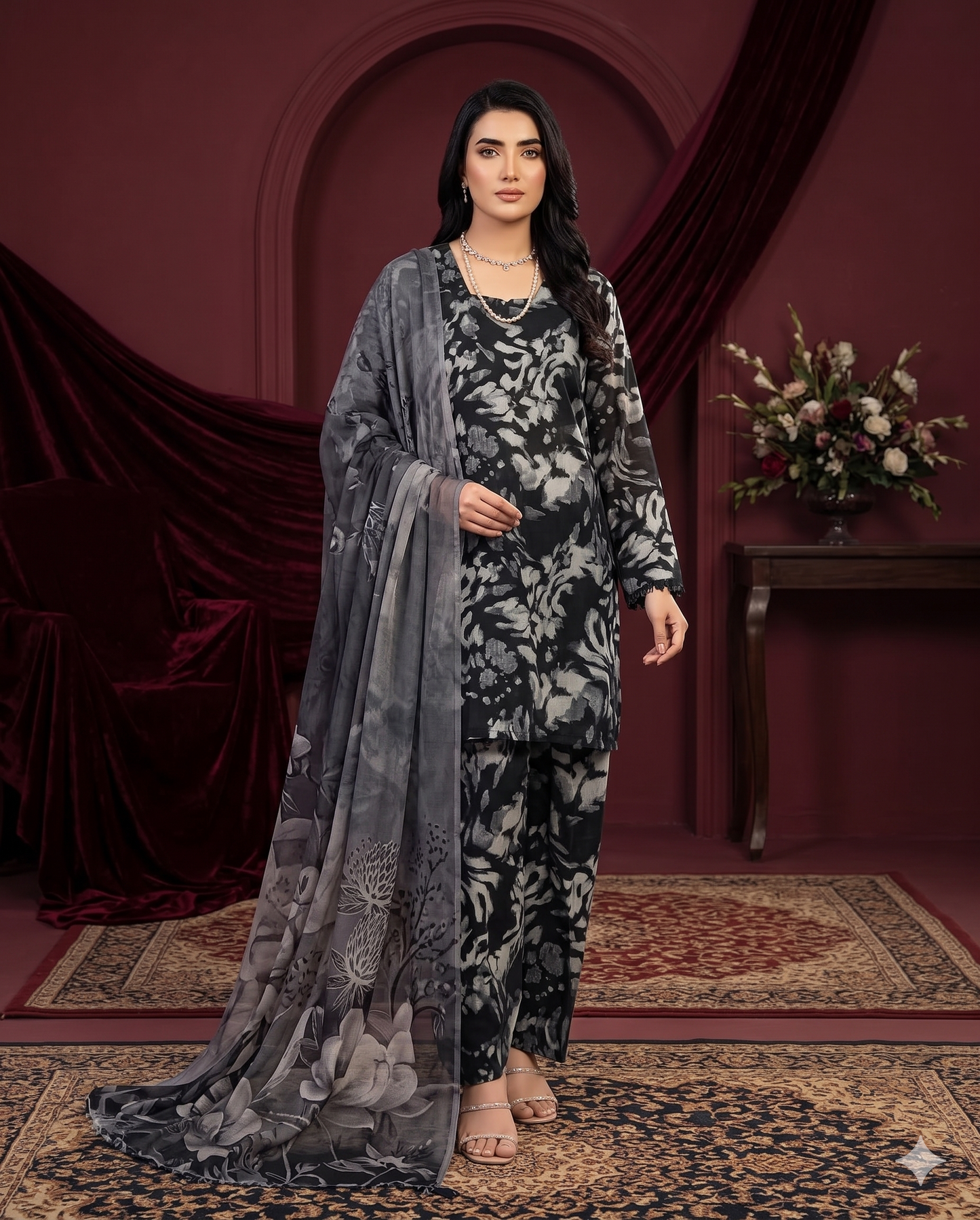 3-Piece Printed Slub Lawn Suit with Trouser & Crinkle Chiffon Dupatta