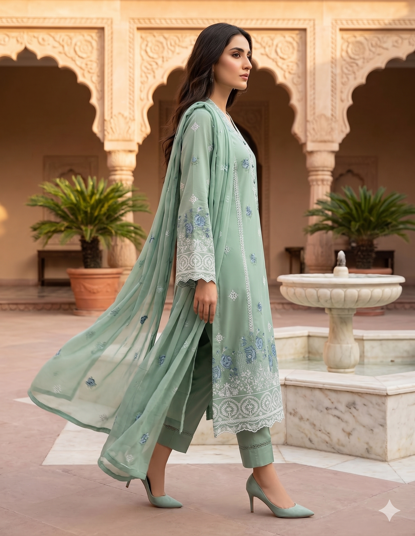 3 Piece Premium Lawn Embroidered Suit with Chicken Kari Work & Crinkle Chiffon Dupatta