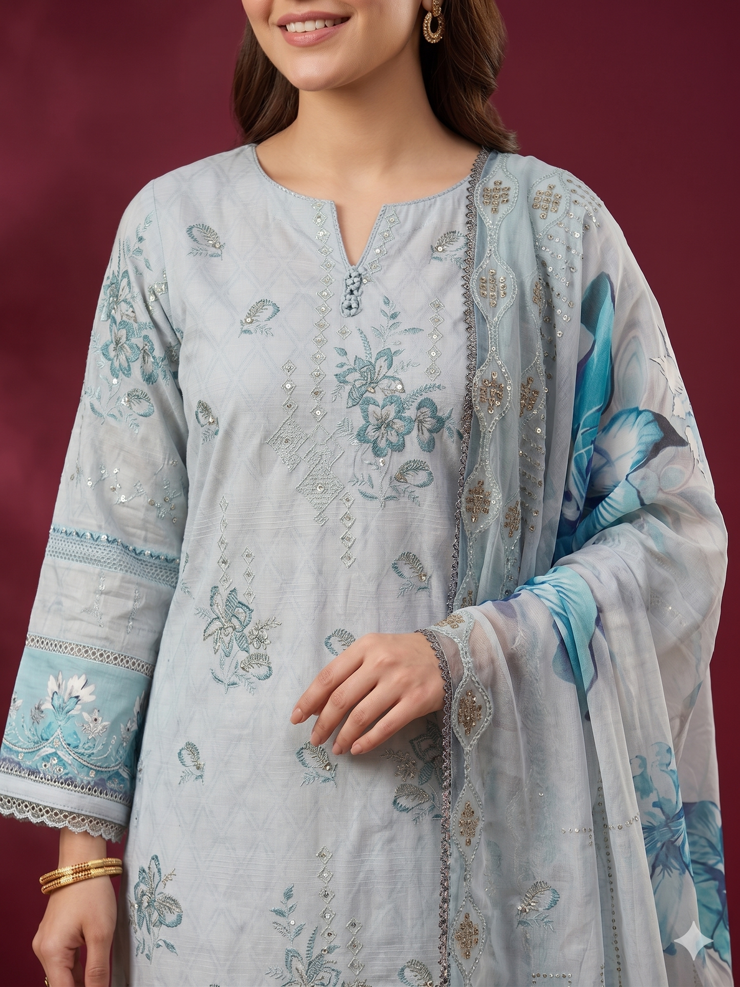 3-Piece Embroidered Lawn Suit with Embellished Makhmal Dupatta & Comfortable Trouser
