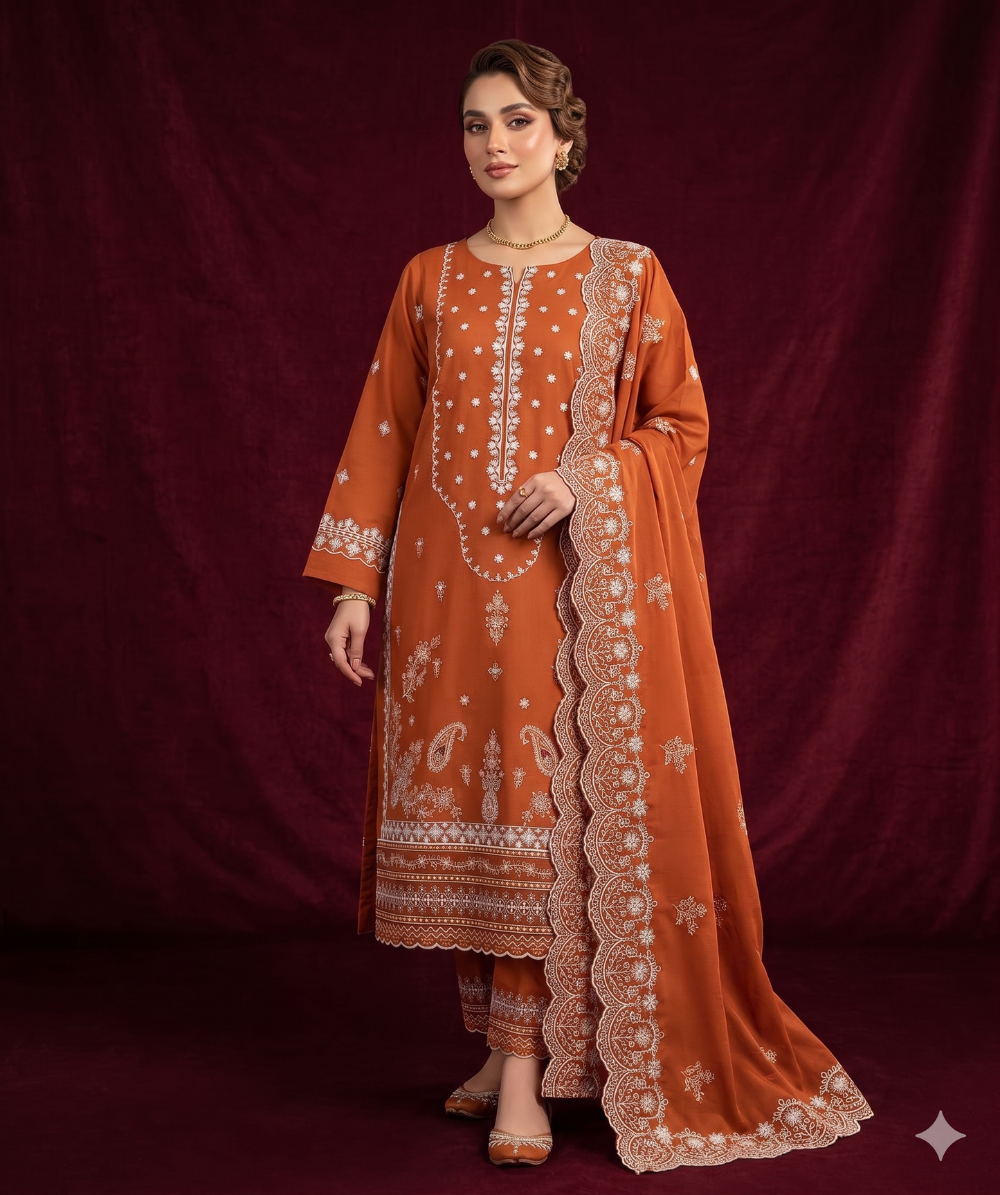 3-Piece Embroidered Dobbi Lawn Suit with Sequence Work Shirt, Embroidered Back & Sleeves, Makhmal Dupatta & Dyed Trouser