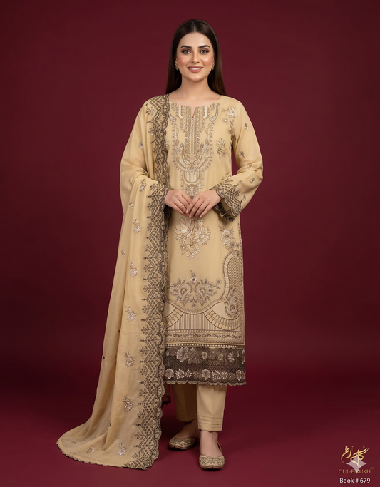 3-Piece Embroidered Lawn Dobbi Suit with Sequence Work Shirt, Makhmal Dupatta & Dyed Trouser