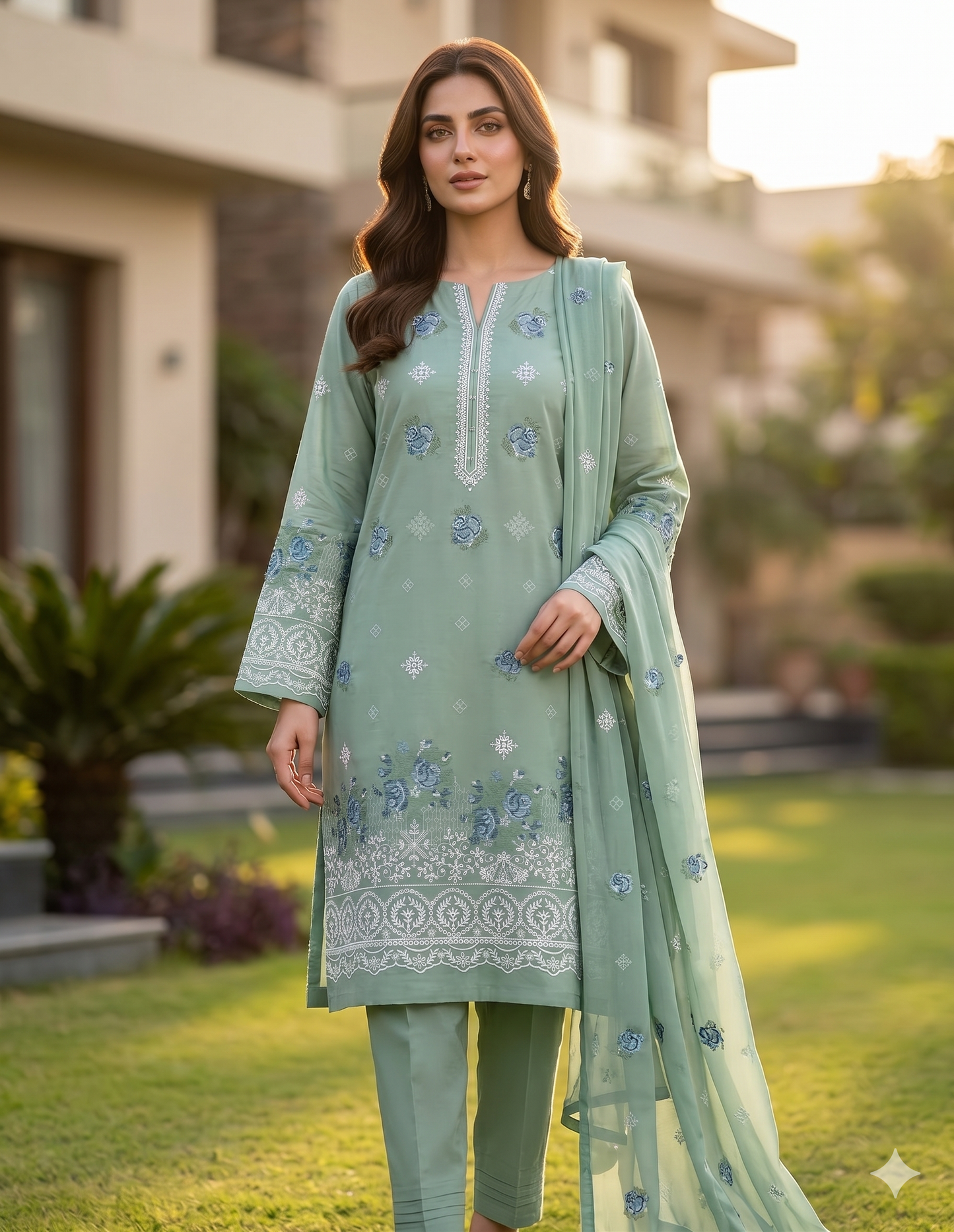 3 Piece Premium Lawn Embroidered Suit with Chicken Kari Work & Crinkle Chiffon Dupatta