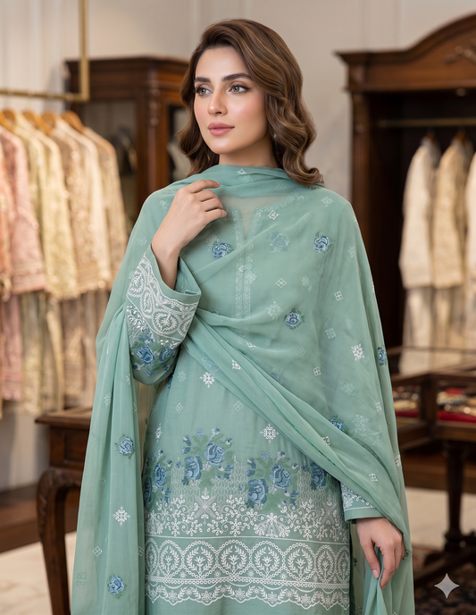 3 Piece Premium Lawn Embroidered Suit with Chicken Kari Work & Crinkle Chiffon Dupatta