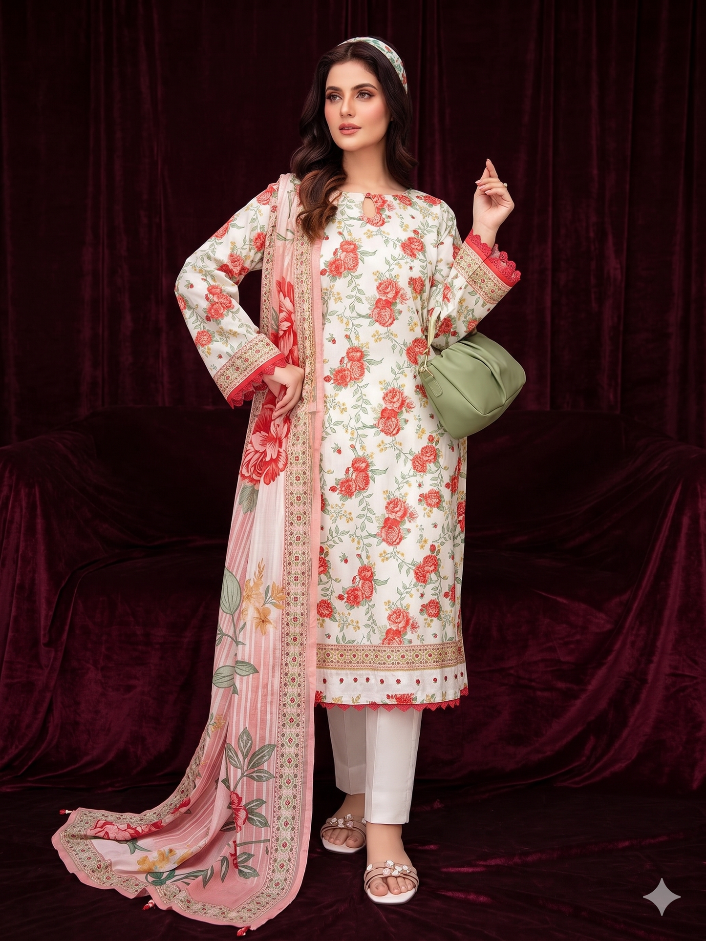 Premium 3-Piece Printed Slub Lawn Suit with Trouser & Voli Dupatta