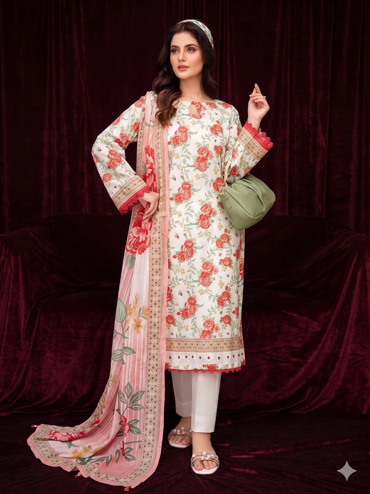 Premium 3-Piece Printed Slub Lawn Suit with Trouser & Voli Dupatta