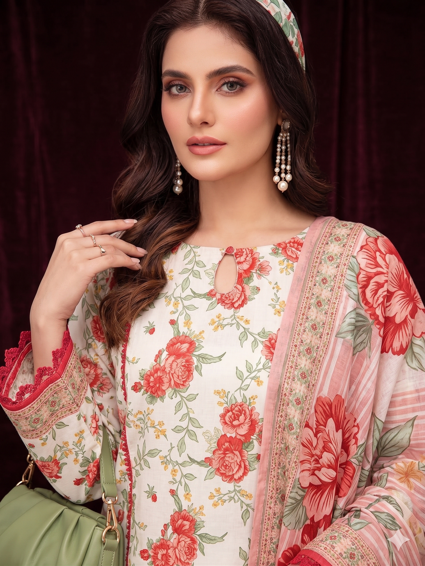 Premium 3-Piece Printed Slub Lawn Suit with Trouser & Voli Dupatta