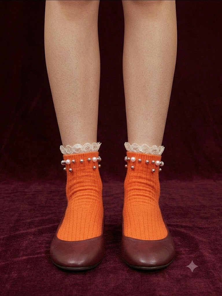 Title: Ladies' Fancy Anklet Socks with Lace Cuff and Beaded Trim