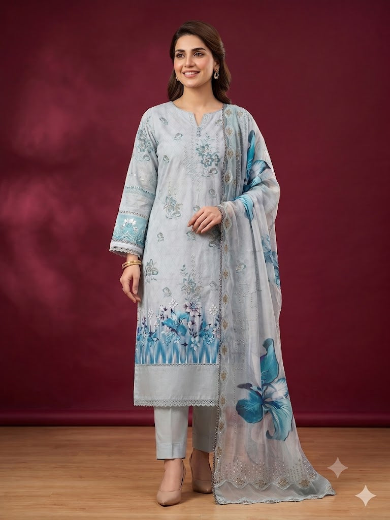 3-Piece Embroidered Lawn Suit with Embellished Makhmal Dupatta & Comfortable Trouser