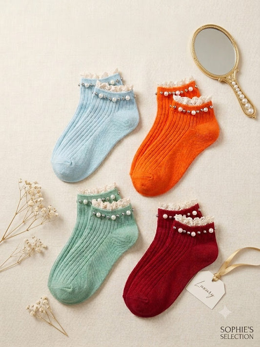Title: Ladies' Fancy Anklet Socks with Lace Cuff and Beaded Trim