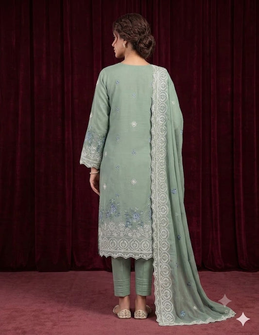 3 Piece Premium Lawn Embroidered Suit with Chicken Kari Work & Crinkle Chiffon Dupatta